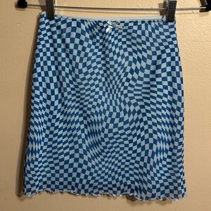 Wild Fable Blue Checkered Print Mini Skirt, Wavy Optical Pattern, Stretch Knit